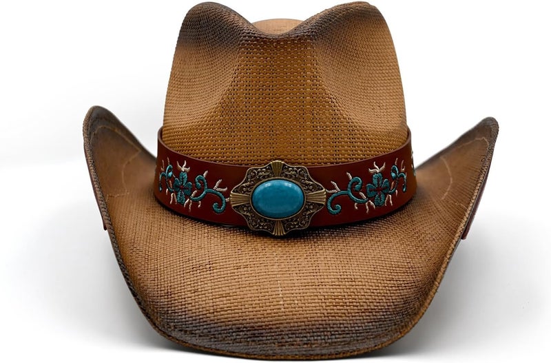 Foeran Men's Women's Straw Cowboy Hat Cowgirl Woven Sun Hat Western Cowboy Hat Two Decorative Bands - Image 2